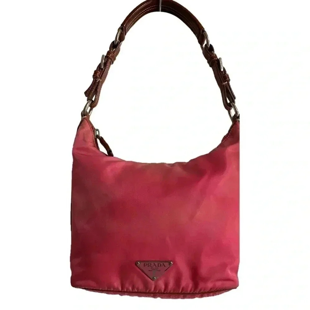 Prada pink distressed nylon hobo handbag